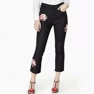 Kate Spade Rose Embroidered dark denim Jeans kick flare Broome Street NWOT